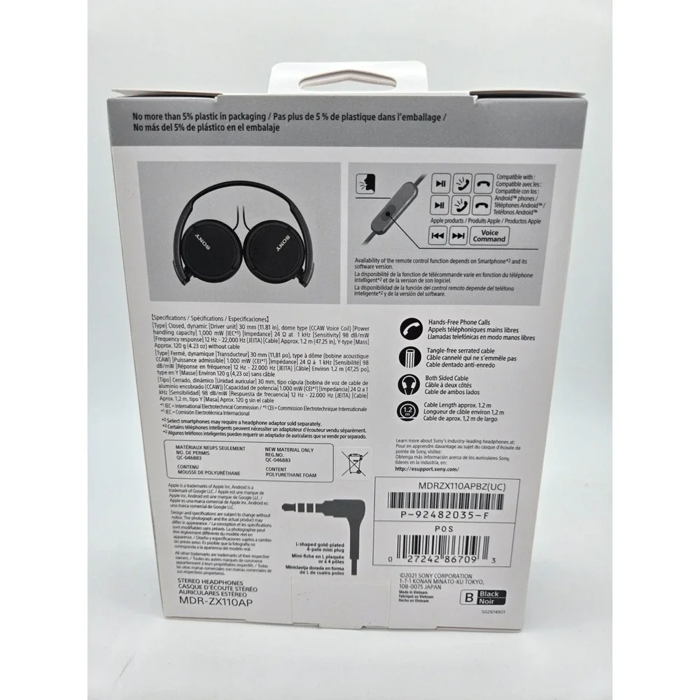 NEW Sony MDR-ZX110AP Wired Headphones With Microphone Overhead Black NIB